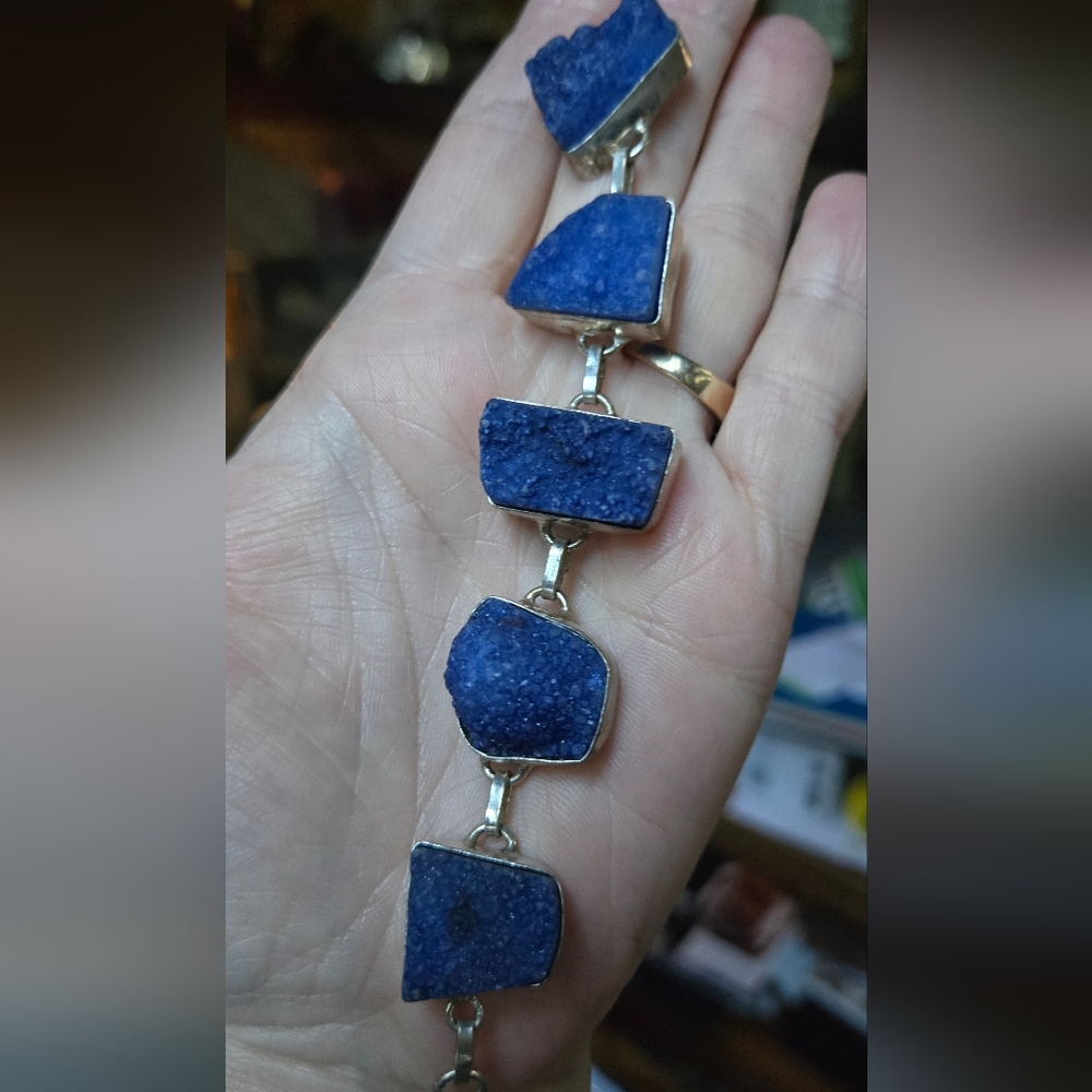 Saphire druzy Stone Sterling Bracelet 7" adjustable - Picture 4 of 8